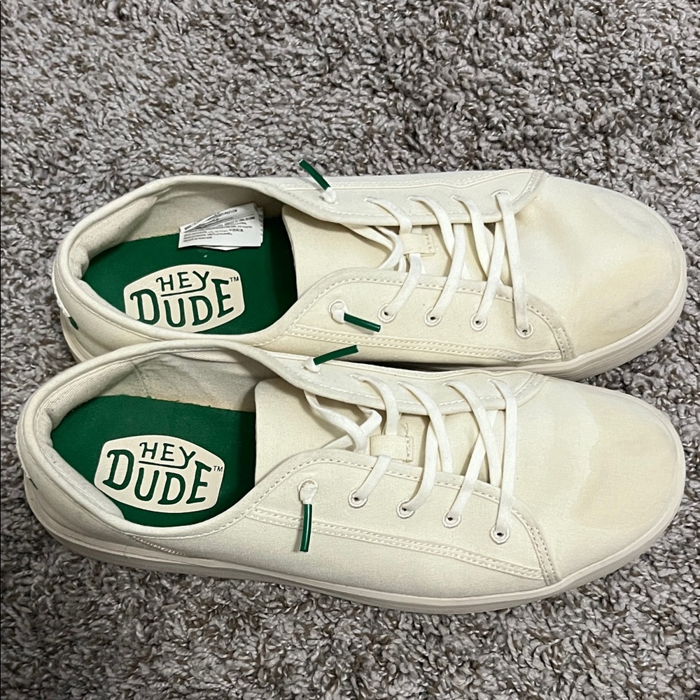 Hey Dude Men's Cream and Green Sneakers size 10